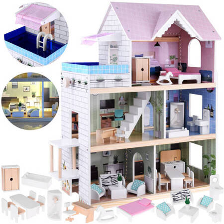 Wooden dollhouse with a swimming pool, an elevator and LED lighting ZA4835